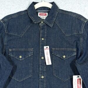Wrangler Pearl Snap Denim‎ Shirt Mens Small Blue Untuck Fit Slim Long Sleeve NWT